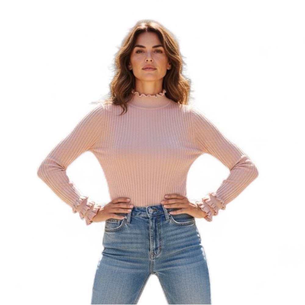 ZARA — Women’s Light Pink Ribbed Knit Top with Ruffled Sleeves - Picture 2 of 11